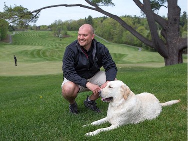 Kelly Egan column about golf greenskeepers who use dogs in their work.  Stuart Bradshaw with his dog Tucker (seen here) at Camelot Golf and Country Club