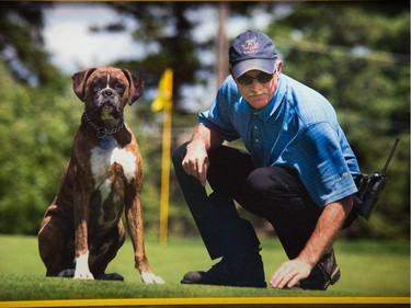 Eric Ruhs and his dog Bunker (seen here) at the Ottawa Hunt, chase nuisance birds away, keep the peace with squirrels, and generally keep the members happy.