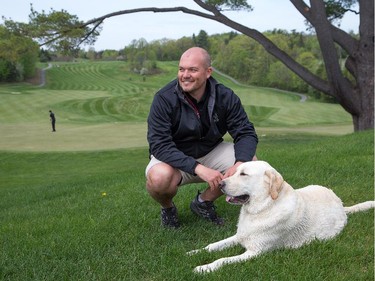 Kelly Egan column about golf greenskeepers who use dogs in their work.  Stuart Bradshaw with his dog Tucker (seen here) at Camelot Golf and Country Club, and Eric Ruhs and his dog Bunker at the Ottawa Hunt, chase nuisance birds away, keep the peace with squirrels, and generally keep the members happy.  Assignment - 120633 Photo taken at 10:40 on May 15. (Wayne Cuddington / Ottawa Citizen)
