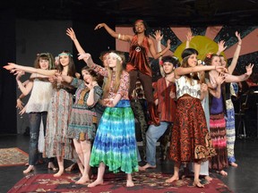 (L-R) Julia Evans, Ivy Wright-Brown, Sarah Ham, Emily Gordon, Pricscilla Domingo, Gabriel Dinardo, Chahak Sharma, Gwennyth Whalen-Hughes perform in the cast of John McCrae Secondary School's Cappies production of HAIR, on Saturday, May 2nd, 2015.