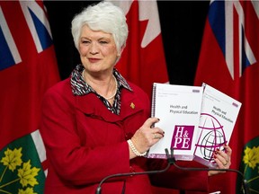 Ontario Education Minister Liz Sandals presents the revised Health and Physical Education curriculum at a press conference at Queen's Park in Toronto, Monday, February 23, 2015.
