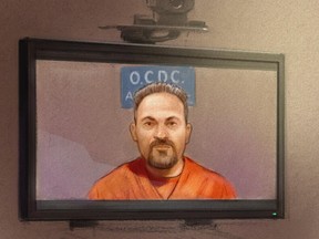 Chris Hoare, seen here in a sketch from an earlier courtroom video appearance, is on trial for the attempted murder of his wife.