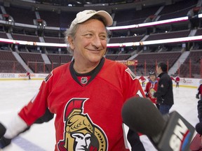 OTTAWA, ONTARIO: MARCH 24, 2012 -- Ottawa Senators owner Eugene Melnyk met with the media just prior to hosting his annual "Skate For Kids" at Scotiabank Place.
