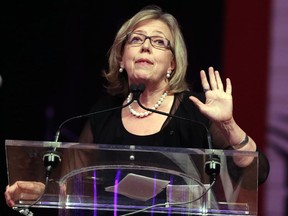 Green Party Leader Elizabeth May speaks at the Annual Parliamentary National Press Gallery, in Gatineau, Quebec Saturday May 9, 2015 in Ottawa.