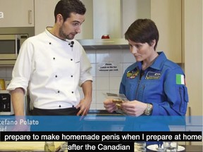 Chef Stefano Polato explains his energy bar recipe to astronaut Samantha Cristoforetti while YouTube's translation feature  demonstrates its poor grasp of Italian.