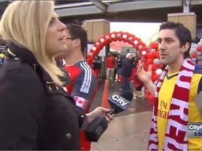 City TV reporter Shauna Hunt confronts Toronto FC soccer fans after one of them yelled obscenities while she was recording an interview.
