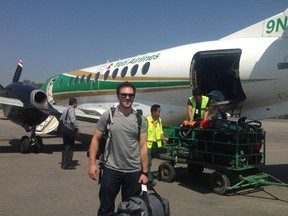 Phil Sheppard, a physiotherapist from Pembroke, is working at the National Trauma Center in Kathmandu. He was photographed after his flight to Katmandhu from Pokhara on May 3.