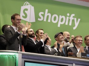 Shopify employees celebrate the company's arrival on the New York Stock Exchange in May 2015.