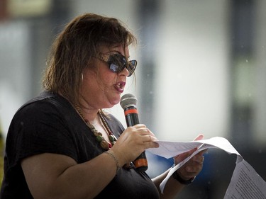 Sophie Harkat voices her concerns at the Human Rights Monument during the protest for the government's proposed anti-terrorism legislation, Bill C-51, Saturday, May 30, 2015.