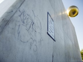Graffiti mars the Royal Canadian Navy Monument on Richmond's Landing.