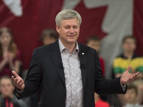 Prime Minister Stephen Harper addresses supporters in Truro, N.S. on Friday, May 15, 2015. Harper announced that the federal government is making $150 million available to renovate and expand public buildings that provide community and cultural benefits.