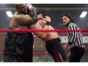 The match continues with Soa Amin grabbing Hannibal in a headlock at the pro wrestling match t the Great North Wrestling match as a special guest referee at Earl Armstrong centre on Saturday, May 30, 2015.