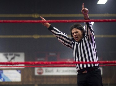 Suspended senator Patrick Brazeau participates at the Great North Wrestling match as a special guest referee at Earl Armstrong centre on Saturday, May 30, 2015.