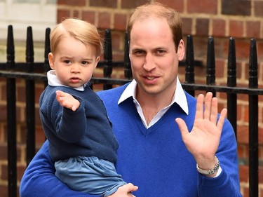 Prince William, Duke of Cambridge arrives with his son Prince George to the Lindo Wing of St Mary's Hospital on May 2, 2015 in London, England.