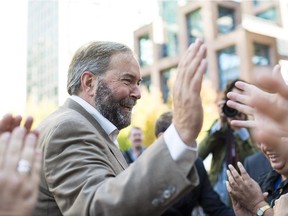 Federal NDP leader Tom Mulcair makes a public appearance in front of the Vancouver Art Gallery on Sept. 13, 2014.