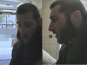 Security camera photos of man sought in May 16 robbery of a customer at a bank machine.