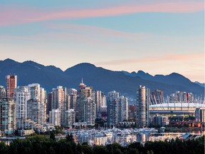 Vancouver skyline at sunrise.