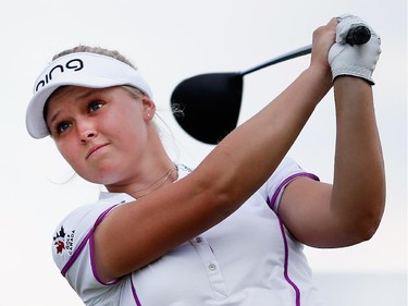 Brooke M. Henderson of Canada hits a tee shot on the eighth hole during Round Two of the 2015 Volunteers of America North Texas Shootout Presented by JTBC at Las Colinas Country Club on May 1, 2015 in Irving, Texas.