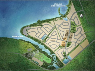 Site plan of Clarence Crossing. The first phase, called Village 1, will be built to the west of Clarence Creek and connect to future phases via a footbridge.