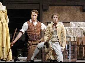 Philippe Sly as Figaro and Kate Lindsey as Cherubino in the San Francisco Opera production of Figaro.