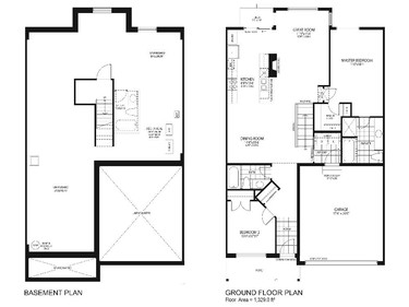 Floor plan of the Augusta Bungalow town, also a two-bedroom with 1,329 square feet in the eQ Series, which offer more open-concept designs and fireplaces abutting kitchens.