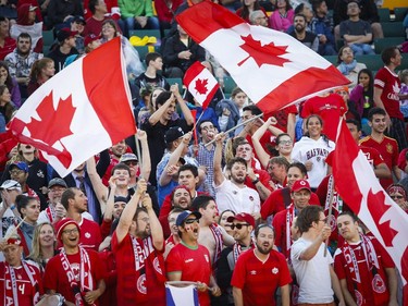 Canadian fans cheer during Canada's game against New Zealand during FIFA Women's World Cup soccer action in Edmonton, Alta., Thursday, June 11, 2015.