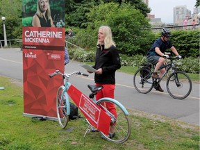 Catherine McKenna, Liberal candidate in Ottawa Centre, called on the NCC to address growing safety concerns about the region's bike and pedestrian pathways.  
0606 bikepaths