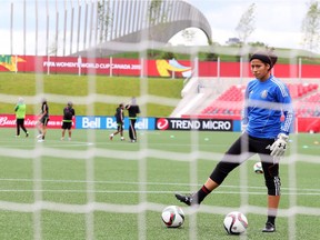 Cecilia Santiago, Mexico's 20-year-old goalkeeper, takes the field at Lansdowne stadium Tuesday.