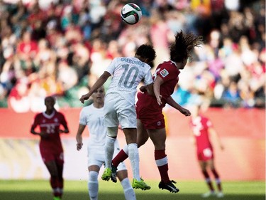 New Zealand's Sarah Gregorius (L) and Canada's Allysha Chapman (R) vie for a header during their Group A match at the FIFA Women's World Cup at Commonwealth Stadium in Edmonton, Canada on June 11, 2015.