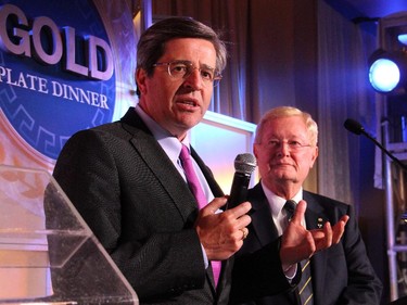 Dr. Thierry Mesana, president and CEO of the University of Ottawa Heart Institute, with its founder, Dr. Wilbert Keon, at the Gold Plate Dinner held at the Hellenic Meeting and Reception Centre on Tuesday, June 9, 2015.