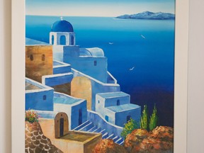 Detail from Santorini, Greece (acrylic on canvas (23 X 20 inches) by Hemay. Purchased in Santorini. From fundraiser Art Changing Life.