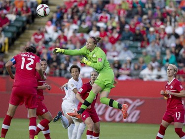 Canada's goalkeeper Erin McLeod (1) makes the save against New Zealand during FIFA World Cup during first half action in Edmonton, Alta., on Thursday June 11, 2015.