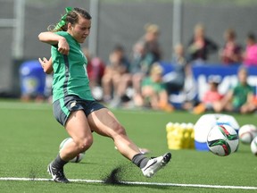 Australia's defender Hayley Raso kicks a ball during a training session at the Shaughnessy Field in Winnipeg, Manitoba, on June 10, 2015, ahead of their 2015 FIFA Women's World Cup group D football match against Nigeria to be played on June 12.