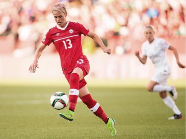 Canada's Sophie Schmidt controls the ball during Canada's Group A match against New Zealand at the FIFA Women's World Cup at Commonwealth Stadium in Edmonton, Canada on June 11, 2015.