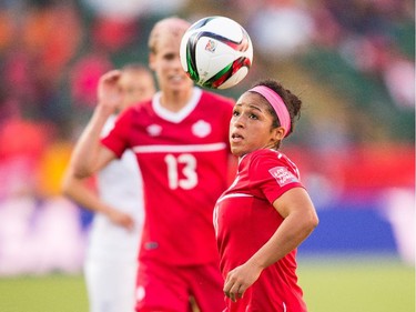 Canada's Desiree Scott eyes the ball during Canada's Group A match against New Zealand at the FIFA Women's World Cup at Commonwealth Stadium in Edmonton, Canada on June 11, 2015.