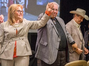 Dr. Marie Wilson, Justice Murray Sinclair and Chief Wilton Littlechild are introduced to the audience during the presentation of the report of the Truth and Reconciliation Commission in Ottawa.