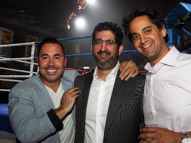 From left, Adrian Salamunovic, co-founder of WorkshopX, with brothers Neil Malhotra and Shawn Malhotra, both vice presidents with sponsor Claridge Homes at the Ringside for Youth XXI benefit for the Boys and Girls Club of Ottawa, held Thursday, June 11, 2015, at the Shaw Centre.