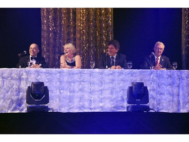 From left, dance competition judges Carlos Lourenco, Liz Manley, Lawrence Greenspon and Jamie McCracken at the inaugural Dancing with the Docs benefit for the Department of Medicine Transplant Victory Fund, held Saturday, May 30, 2015, at the Shaw Centre.