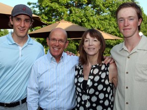From left, honorary chair and Ottawa Senators player Kyle Turris and retired NHL goaltender Darren Pang with his sister, Sherry Pang, and her 15-year-old ace golfer son, Jake Bryson, at the Guts & Glory Golf Classic held Monday, June 22, 2015, at the Rideau View Golf Club in Manotick in support of Crohn's and Colitis Canada.