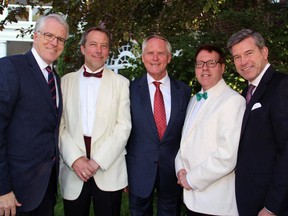 From left, Thirteen Strings board chair Rob MacDonald, Music and Beyond artistic and executive director Julian Armour, Austrian Ambassador Arno Riedel, Thirteen Strings artistic director Kevin Mallon and Grant McDonald from Ottawa's Viennese Opera Ball committee, at a reception hosted by Riedel in Rockcliffe on Tuesday, June 2, 2015.