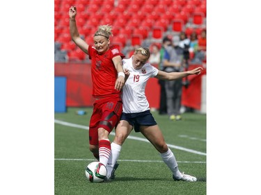 Germany's Alexandra Popp (18) and Norway's Kristine Minde (19) battle for possession of the ball during the first half of their match during the 2015 FIFA Women's World Cup at Lansdowne Stadium Thursday June 11, 2015.