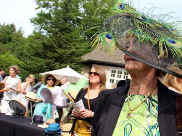 Guests of the annual garden party and fashion show for Cornerstone, held at the Irish ambassador's residence on Sunday, June 7, 2015, were seen in some magnificent garden hats, including Jacqui Kielty's peacock-feathered lid.