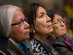 Lorna Standingready, Carrie Forbes and Mary Moonias watch intently as the closing events of the Truth and Reconciliation Commission get under way.