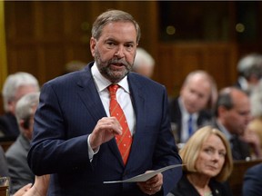 NDP Leader Tom Mulcair asks a question during question period in the House of Commons on Parliament Hill in Ottawa on Monday, June 15, 2015.