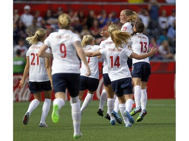Norway's celebrates a tying goal by Maren Mjelde (6)  during the second half of their match during the 2015 FIFA Women's World Cup at Lansdowne Stadium Thursday June 11, 2015.