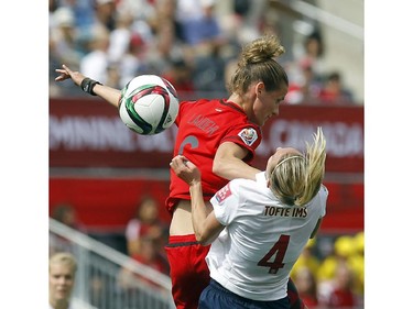 Norway's Gry Tofte IMS (4) gets an elbow in the face from Germany's Simone Laudehr (6) while leaping for the ball during the first half of their match during the 2015 FIFA Women's World Cup at Lansdowne Stadium Thursday June 11, 2015.