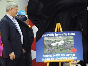 Prime Minister Stephen Harper, in Miramichi, N.B., unveiled an artist's rendition of the Public Service Pay Centre on Thursday, April 2, 2015.