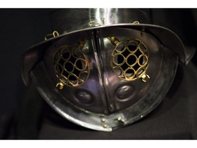 This replica gladiator helmet is on display at the Canadian War Museum.