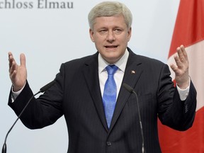 Canadian Prime Minister Stephen Harper gives his closing remarks at a news conference following the G7 Summit in Garmisch, Germany on Monday, June 8, 2015.