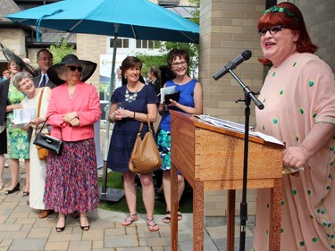 Sukhoo Sukhoo fashion show emcee Joseph Cull, dressed as Colleen Mary Margaret Margaret Mary Colleen, on Sunday, June 7, 2015, at the Irish ambassador's official residence in support of Cornerstone Housing for Women.